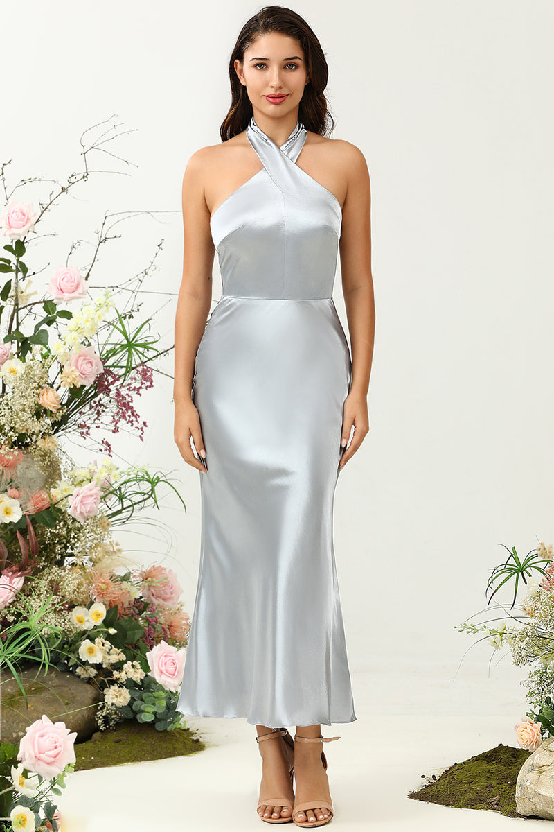 Load image into Gallery viewer, Skjede Halter Neck Silver Long brudepike kjole