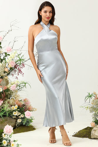 Skjede Halter Neck Silver Long brudepike kjole