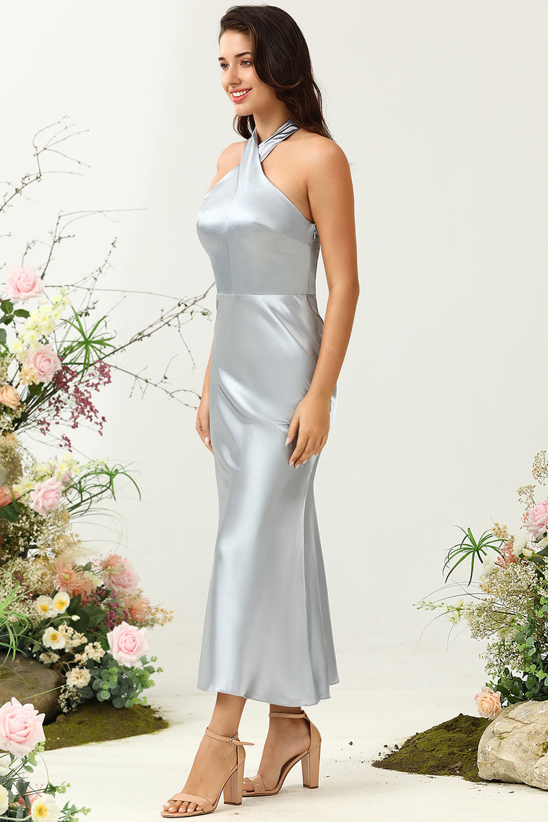 Load image into Gallery viewer, Skjede Halter Neck Silver Long brudepike kjole