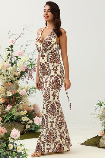 Havfrue trykt brun lang brudepike kjole