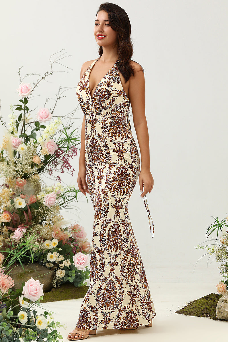 Load image into Gallery viewer, Havfrue trykt brun lang brudepike kjole