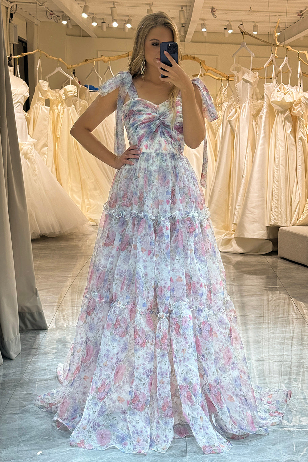 A-Line Tyll Blomst Trykt Prom Dress
