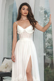 Enkel hvit ruffled Chiffon Corset Engagement Party kjole med spalt