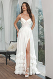 Enkel hvit ruffled Chiffon Corset Engagement Party kjole med spalt