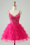 Hot Pink A Line Spaghetti stropper Tylle Tiered Kort Homecoming Dress