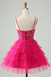 Hot Pink A Line Spaghetti stropper Tylle Tiered Kort Homecoming Dress