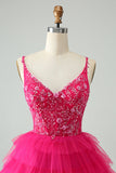 Hot Pink A Line Spaghetti stropper Tylle Tiered Kort Homecoming Dress