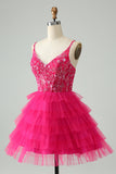 Hot Pink A Line Spaghetti stropper Tylle Tiered Kort Homecoming Dress