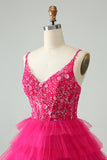 Hot Pink A Line Spaghetti stropper Tylle Tiered Kort Homecoming Dress