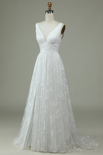 Ivory Lace V-Neck brudekjole med Slit