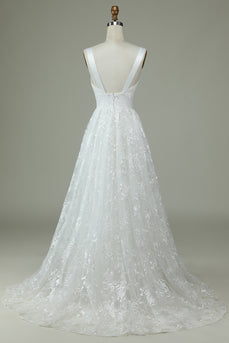 Ivory Lace V-Neck brudekjole med Slit