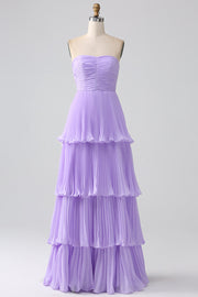 A-Line Sweetheart Lilac Tiered Chiffon Long brudepike kjole med plissert