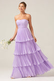 A-Line Sweetheart Tiered Chiffon Long Lilac brudepike kjole med plissert