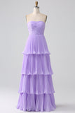 A-Line Sweetheart Lilac Tiered Chiffon Long brudepike kjole med plissert