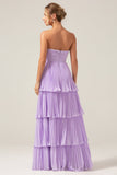 A-Line Sweetheart Tiered Chiffon Long Lilac brudepike kjole med plissert