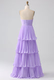 A-Line Sweetheart Lilac Tiered Chiffon Long brudepike kjole med plissert