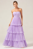 A-Line Sweetheart Tiered Chiffon Long Lilac brudepike kjole med plissert