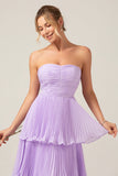 A-Line Sweetheart Tiered Chiffon Long Lilac brudepike kjole med plissert