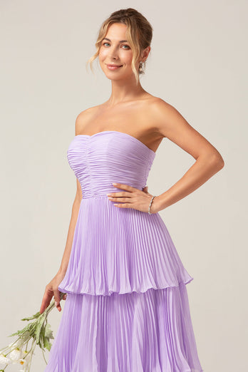 A-Line Sweetheart Tiered Chiffon Long Lilac brudepike kjole med plissert