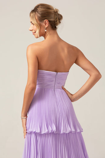 A-Line Sweetheart Tiered Chiffon Long Lilac brudepike kjole med plissert