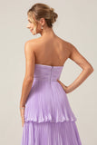 A-Line Sweetheart Tiered Chiffon Long Lilac brudepike kjole med plissert