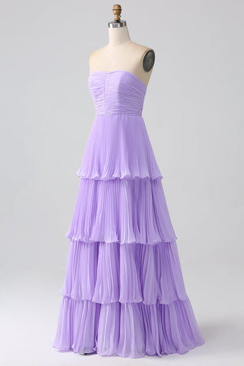 A-Line Sweetheart Lilac Tiered Chiffon Long brudepike kjole med plissert
