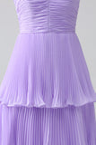 A-Line Sweetheart Lilac Tiered Chiffon Long brudepike kjole med plissert