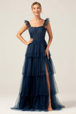 Avtakbare stropper A Line Navy Tiered Long Bridesmaid Dress