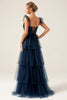 Load image into Gallery viewer, Avtakbare stropper A Line Navy Tiered Long Bridesmaid Dress