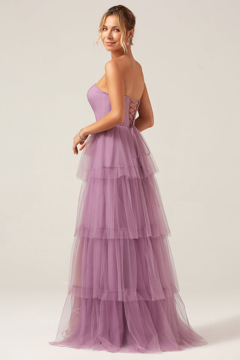 Load image into Gallery viewer, Avtakbare stropper En linje lilla lagdelt lang brudepike kjole