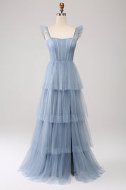 Dusty Blue A Line Tiered Tylle Corset brudepike kjole med Slit