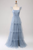 Dusty Blue A Line Tiered Tylle Corset brudepike kjole med Slit