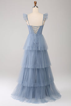 Dusty Blue A Line Tiered Tylle Corset brudepike kjole med Slit