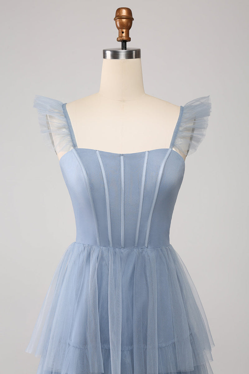 Load image into Gallery viewer, Dusty Blue A Line Tiered Tylle Corset brudepike kjole med Slit