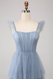 Dusty Blue A Line Tiered Tylle Corset brudepike kjole med Slit