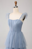 Dusty Blue A Line Tiered Tylle Corset brudepike kjole med Slit