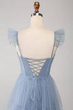 Dusty Blue A Line Tiered Tylle Corset brudepike kjole med Slit