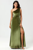 En skulder A Line Velvet Green brudepike kjole med Slit