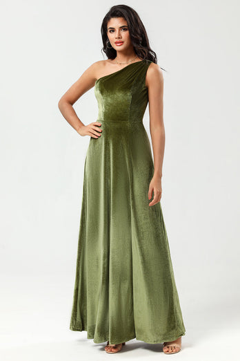 En skulder A Line Velvet Green brudepike kjole med Slit