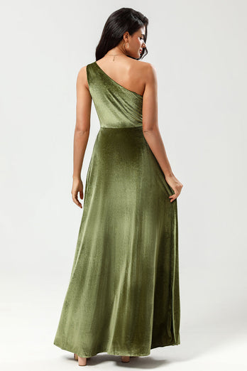 En skulder A Line Velvet Green brudepike kjole med Slit