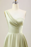 Dusty Sage A Line One Shoulder Long Satin brudepike kjole