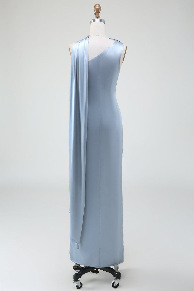 Load image into Gallery viewer, blå skjede en skulder sateng lang brudepike kjole