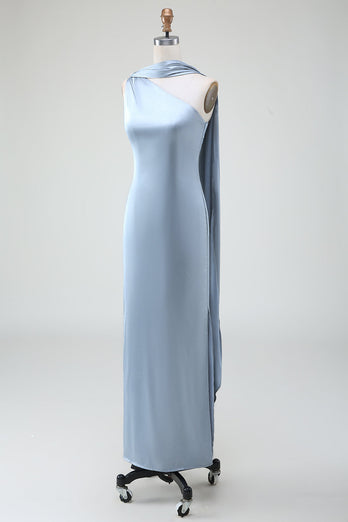 blå skjede en skulder sateng lang brudepike kjole