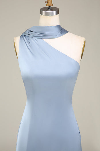 blå skjede en skulder sateng lang brudepike kjole