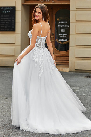 Ivory A-Line Spaghetti stropper Korsett Lace Tylle Long Wedding Dress