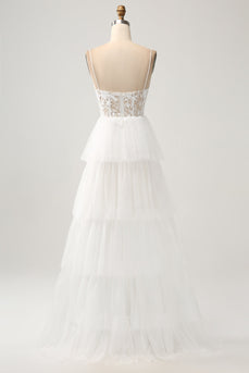 Ivory A-Line Tulle lagdelt korsett Lang brudekjole med spalte