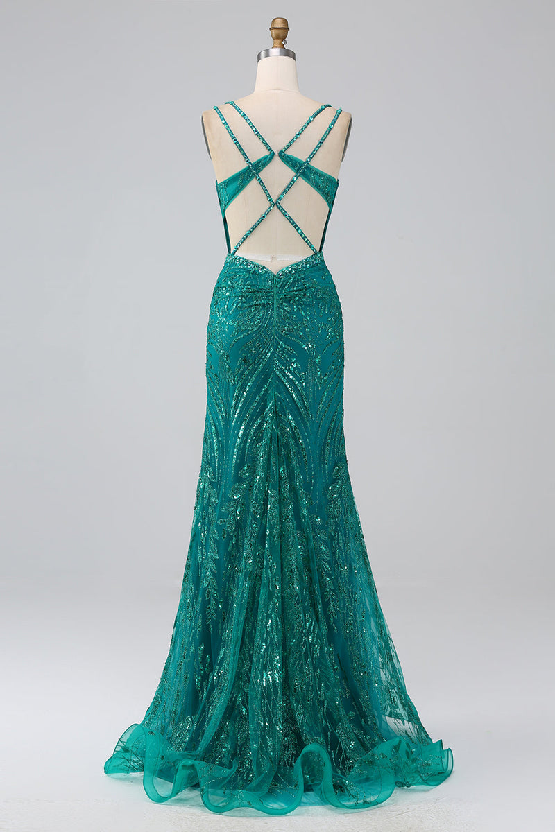 Load image into Gallery viewer, Mørkegrønn glitrende havfrue spaghetti stropper korsett prom kjole med spalt