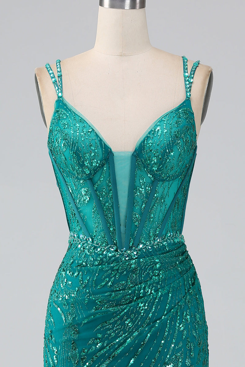Load image into Gallery viewer, Mørkegrønn glitrende havfrue spaghetti stropper korsett prom kjole med spalt