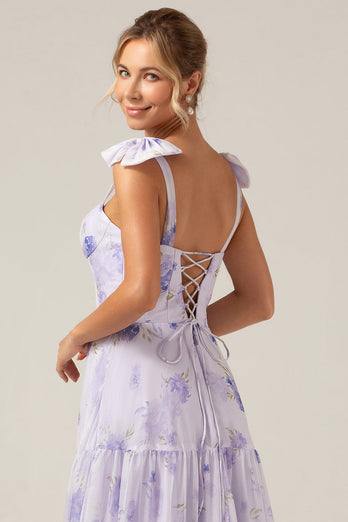 Lilac Korsett Floral Print A-Line Long brudepike kjole