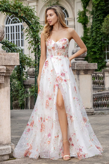 Ivory Flower A Line Sweetheart brodert korsett Long Prom Dress med Slit